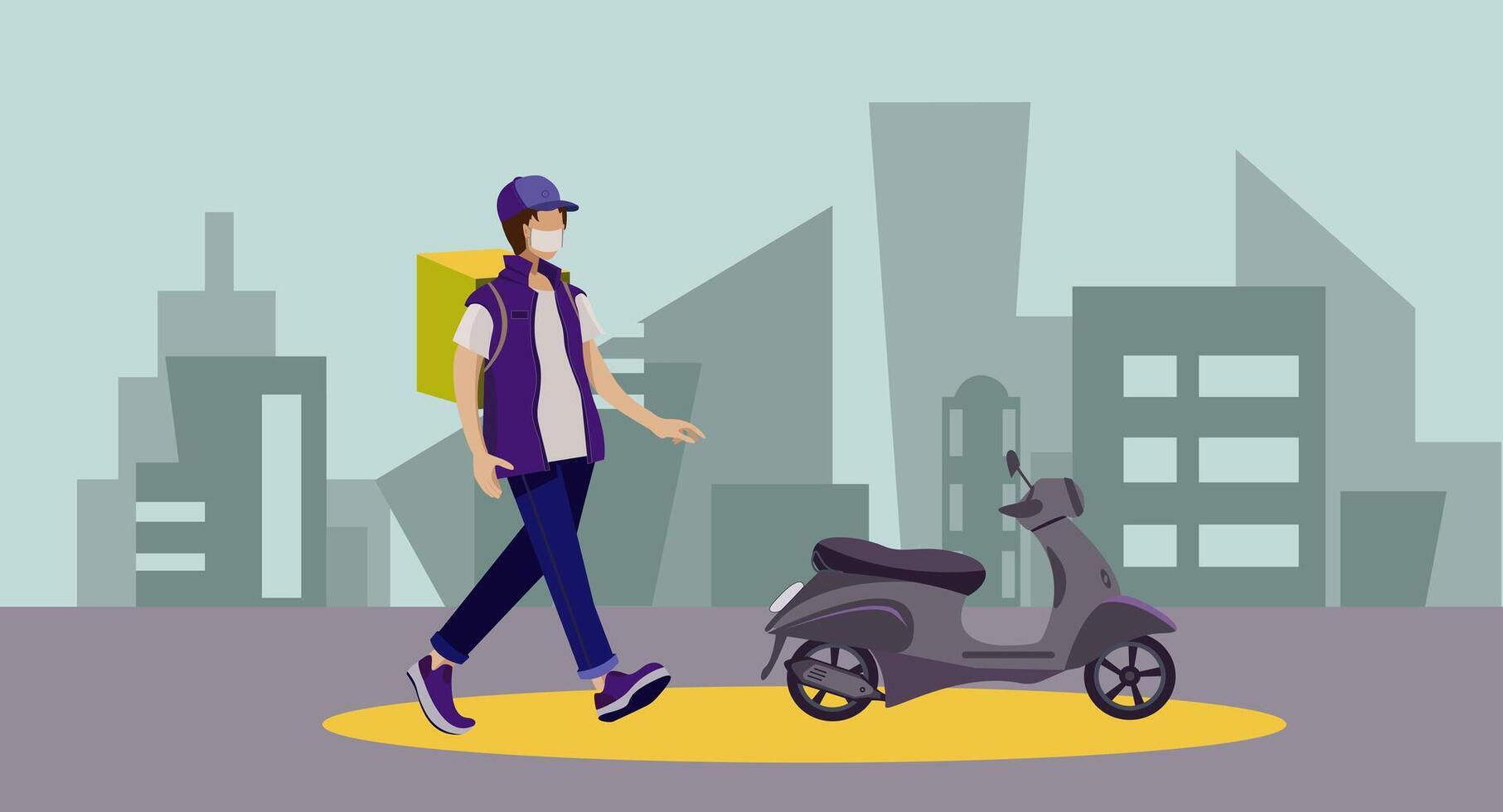 Food delivery. Express courier delivery. Delivery scooter guy. Vector illustration on the theme of delivery. Stock illustration in a cardboard style