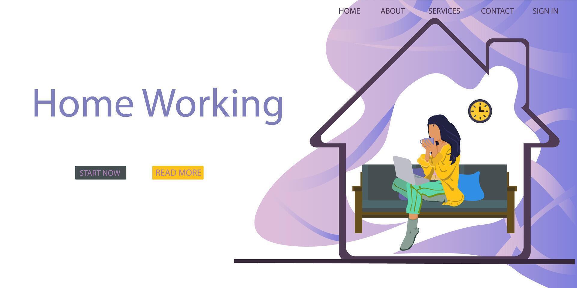 Freelance, work at home, Creative landing web page design template banner. Working space landing page vector template. Web page template with young woman working at home. flat style for poster, banner