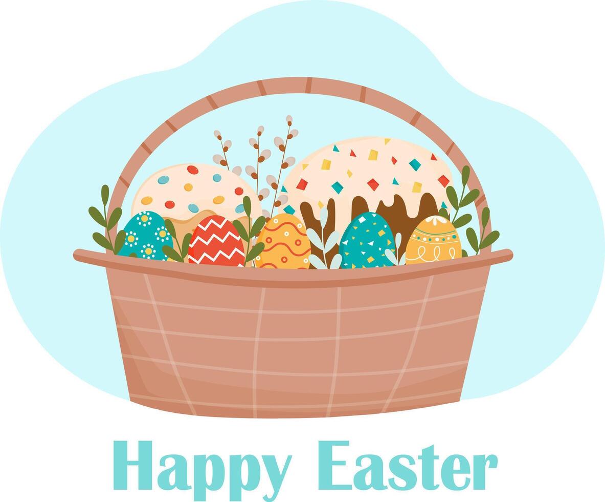 Easter basket with panettone, eggs with ornament, green leaves and willow sprigs, description Happy Easter. Happy Easter greeting card. Vector illustration isolated on white background