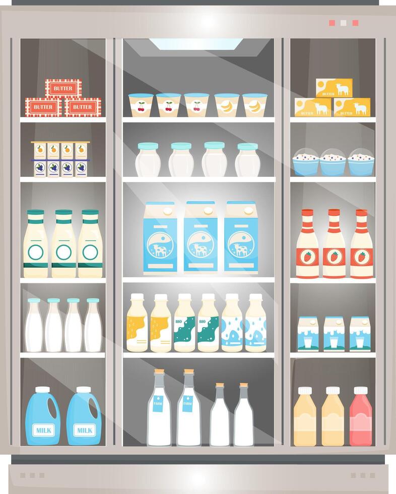 Dairy products in the fridge in supermarket. Fridge for cooling dairy products. Bottles and packs with milk, yogurt, cottage cheese. Cooling machine, shop equipment. Vector illustration.