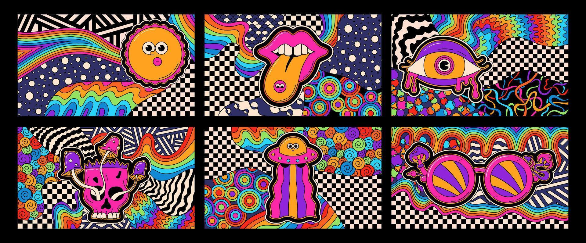 Stoner trippy color posters. Groovy hippie style. vector