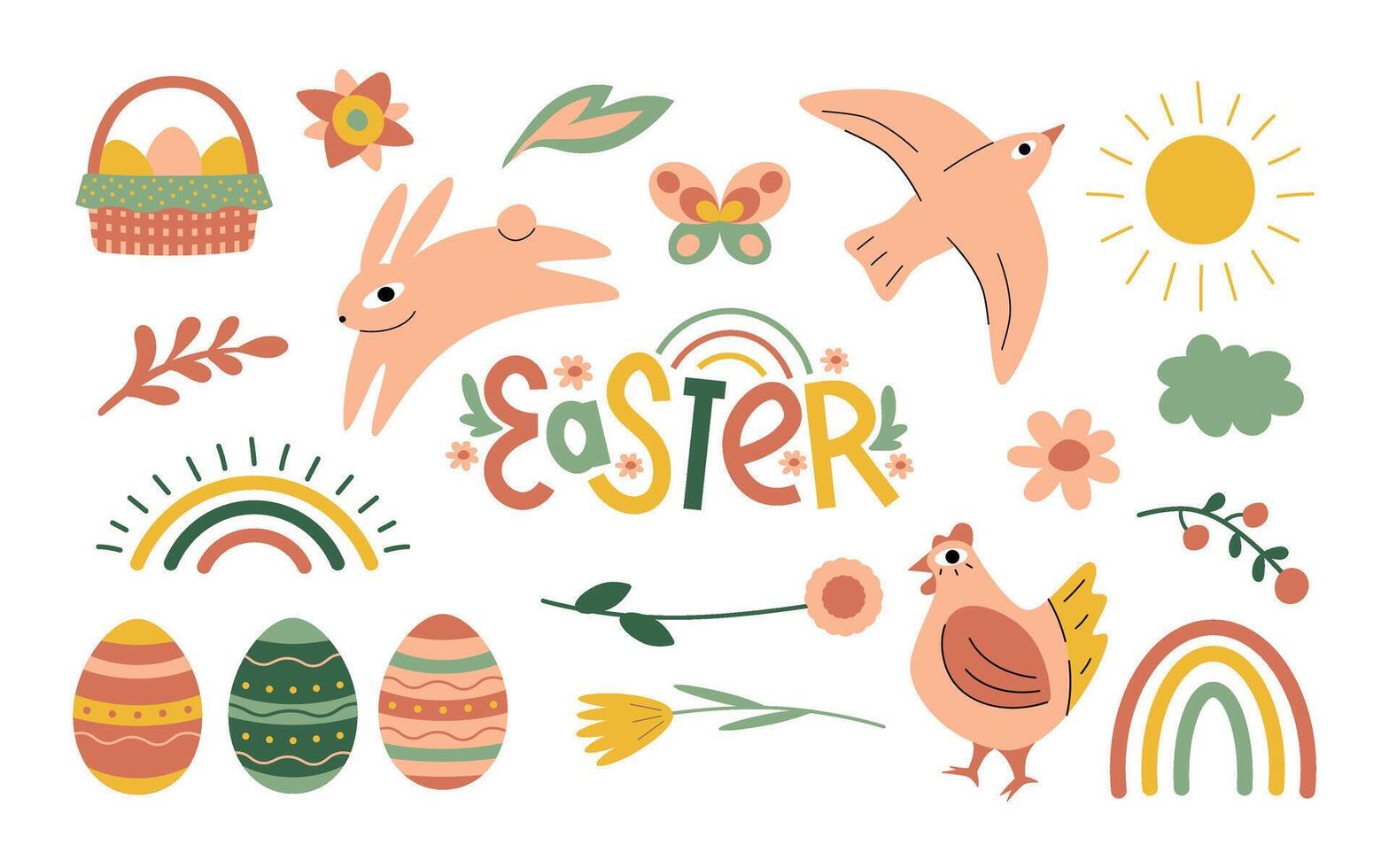 Cute Easter set. Spring collection of animals, plants, flowers and decorations. For cards, posters, prints, scrapbooking vector