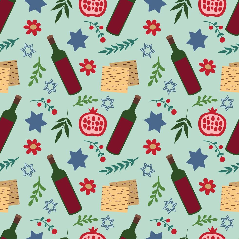 Seamless Passover pattern. Wine, matzo, fruits and flowers. For packaging, background, greeting card, textile vector