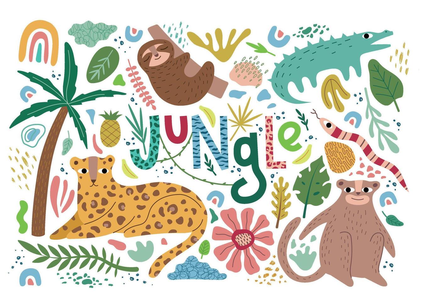 Big jungle animals set. Abstract elements, tropical plants. Isolated vector illustration for your design.