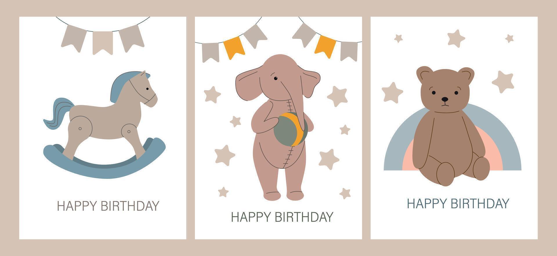 Set of baby birthday cards. Retro toys. Vector illustration