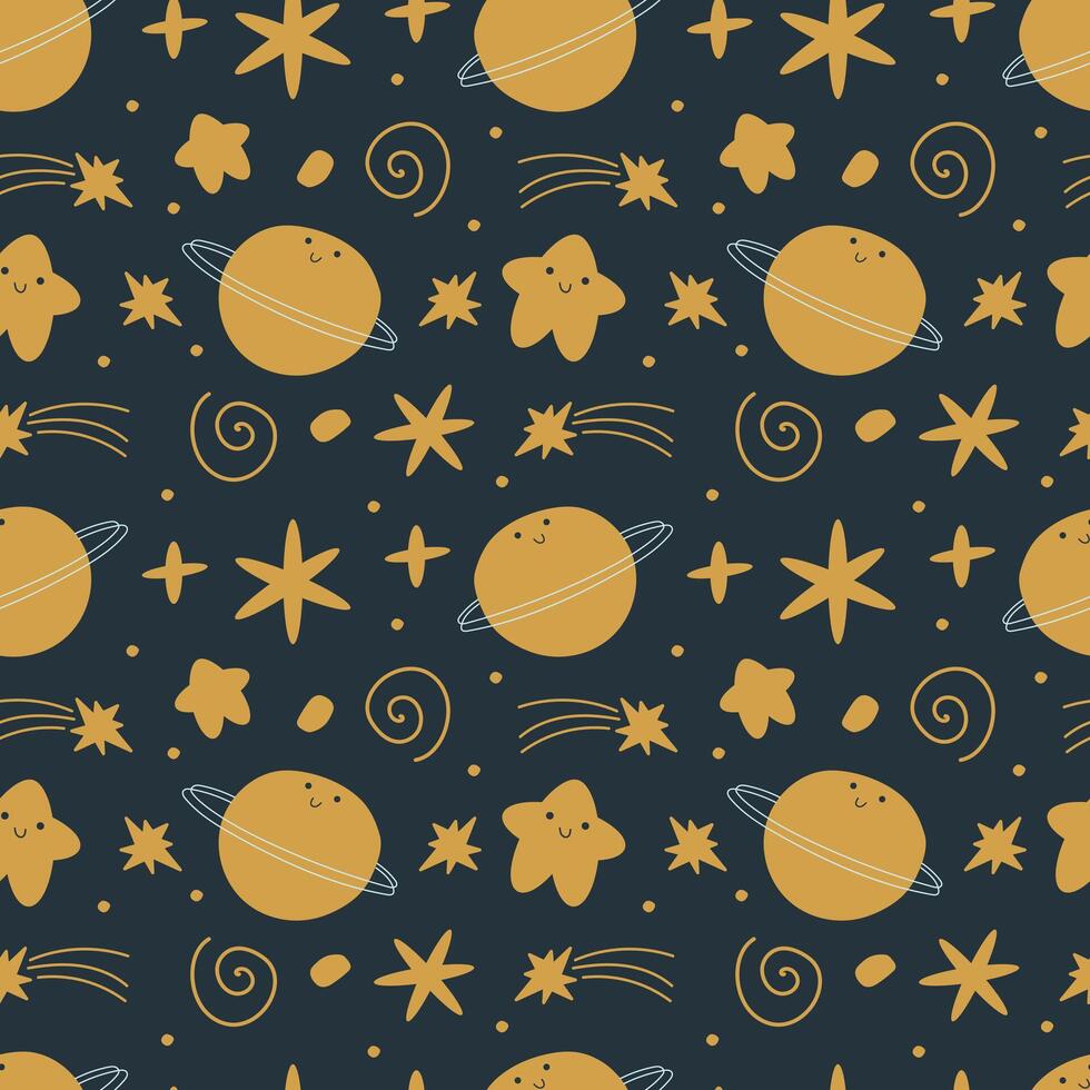 Seamless space pattern. Kawaii stars, planets for kids. Vector pattern for wallpaper, clothing, packaging, wrapping paper, bed linen
