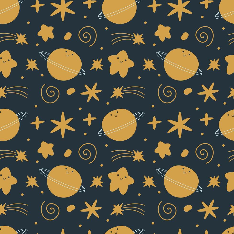 sin costura espacio modelo. kawaii estrellas, planetas para niños. vector modelo para fondo de pantalla, ropa, embalaje, envase papel, cama lino