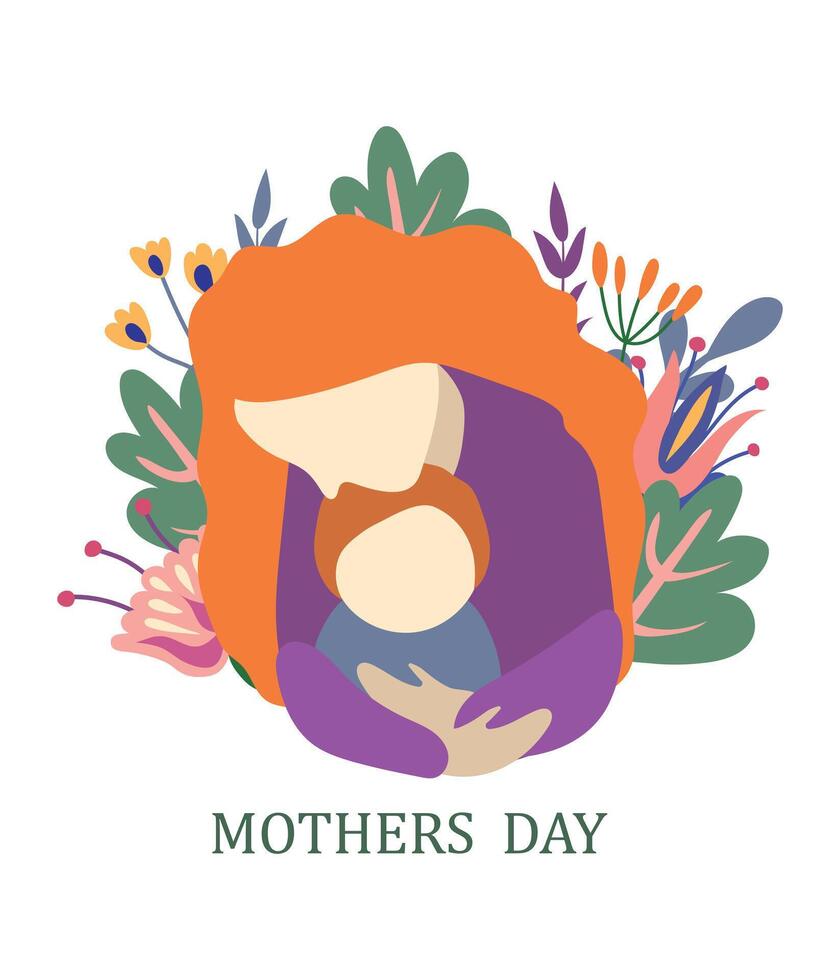 Mother's day concept. Mom and baby, flowers, herbs, leaves. Greeting card, poster, print vector