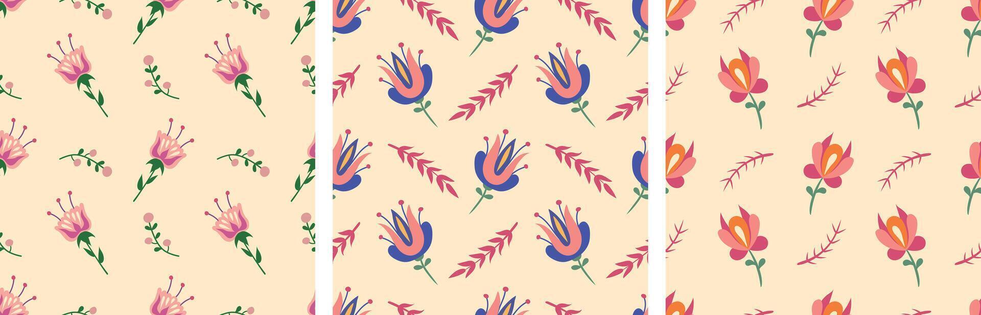 Set of seamless floral retro patterns. Vector illustration for clothing, background, case, packaging