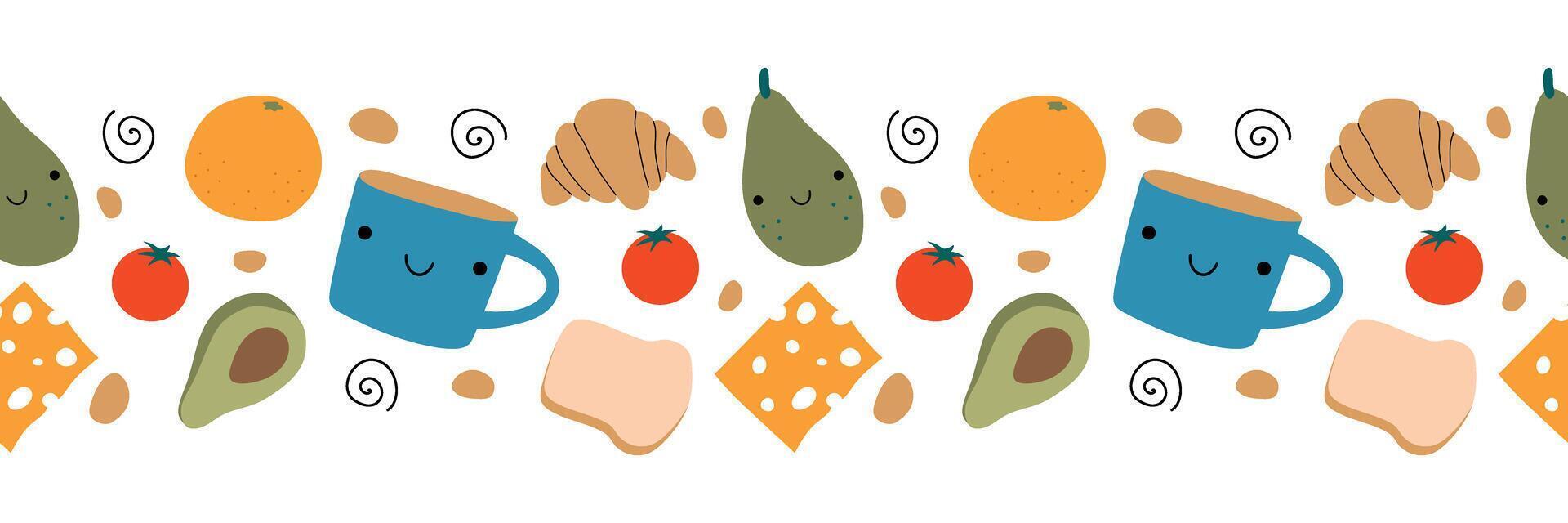 Seamless breakfast border. Kawaii food, mug, vegetables, cheese, bread. Isolated vector illustration for menu, background, cover, website