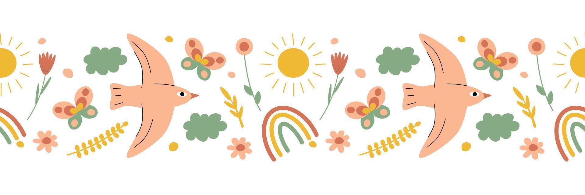 Seamless spring border. Bird, sun, plants, rainbow. Isolated vector illustration