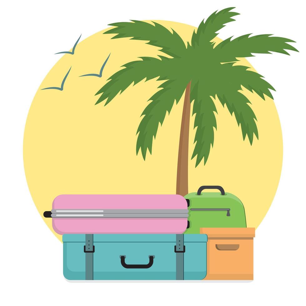 verano paisaje viajar. maletas en el antecedentes de un palma árbol en el dibujos animados estilo. vector
