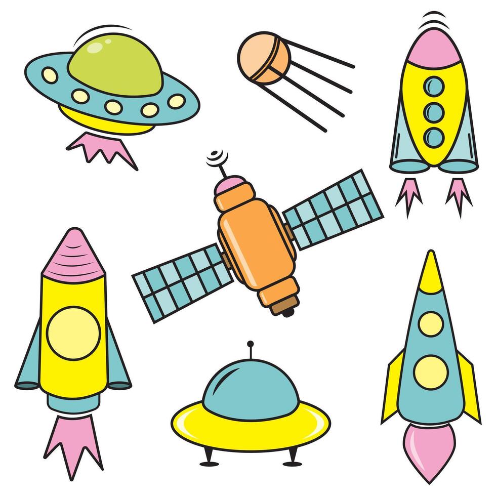 A set of space isolated icons of planets, satellites, UFOs and rockets. Vector illustration