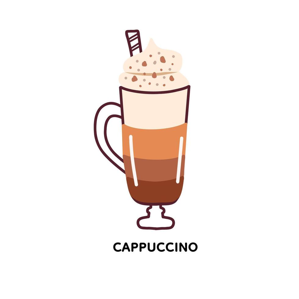 Cute vector illustration of Cappuccino in glass with straw. Element isolated on white background. For menu, flyer, booklet, brochure, background, card, invitation.