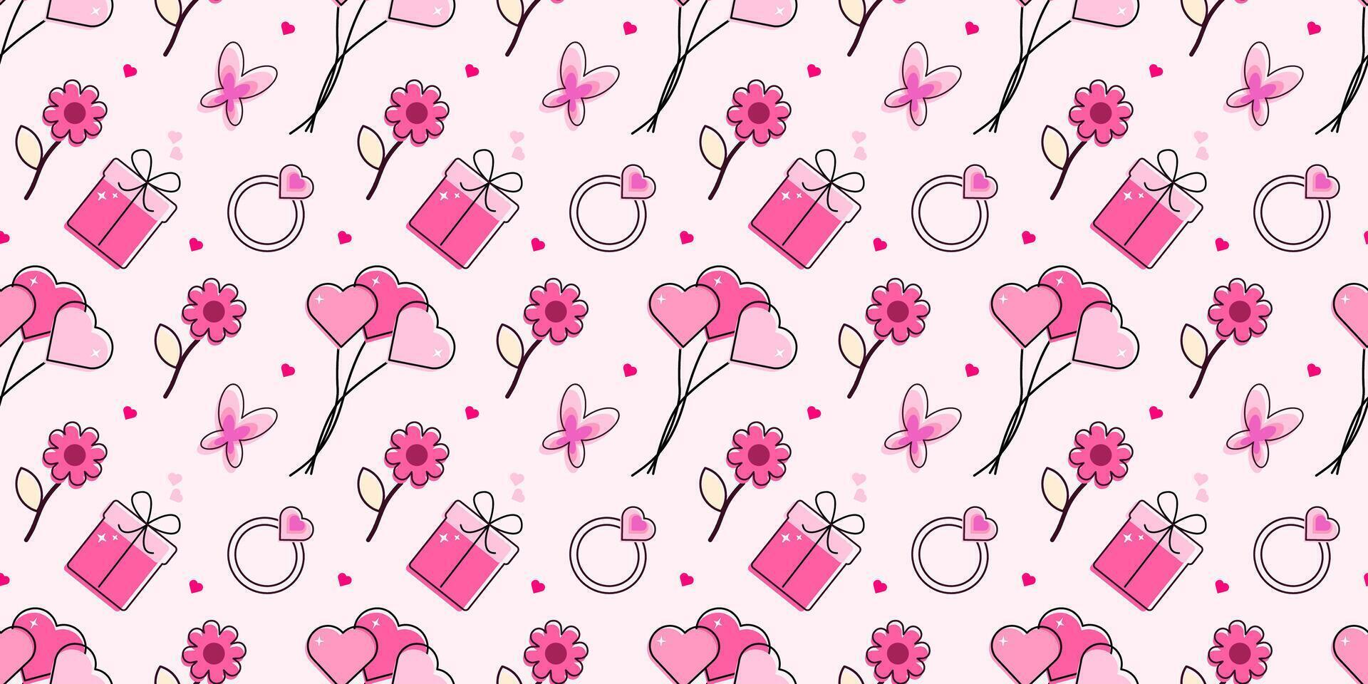 Seamless pattern valentines day, arrival baby, proposal, wedding, birthday. Line style pink background. Print for card, background, invitation, greeting card, textile, wallpapers. Vector illustration.