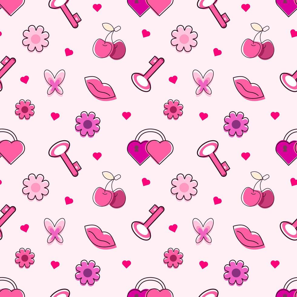 Seamless pattern pink color with lock, key, butterfly, flower, cherry. Cute design for valentine day, wedding, card, background, invitation, greeting card, textile, print,  wallpapers. Chilhood. vector