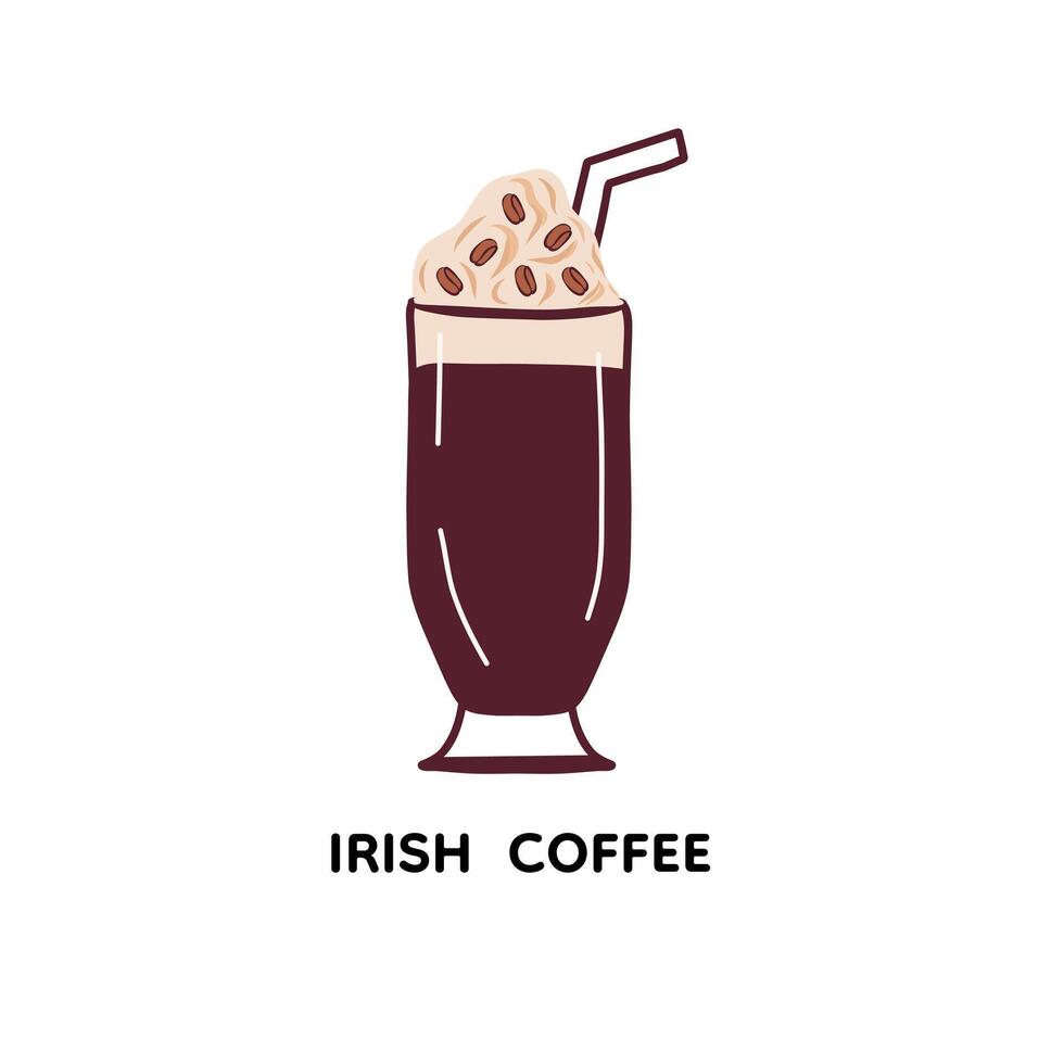 Alcohol cocktail Irish coffee. Cute vector illustration  with straw. Element isolated on white background. Symbol for menu, flyer, booklet, brochure, background, card, invitation.
