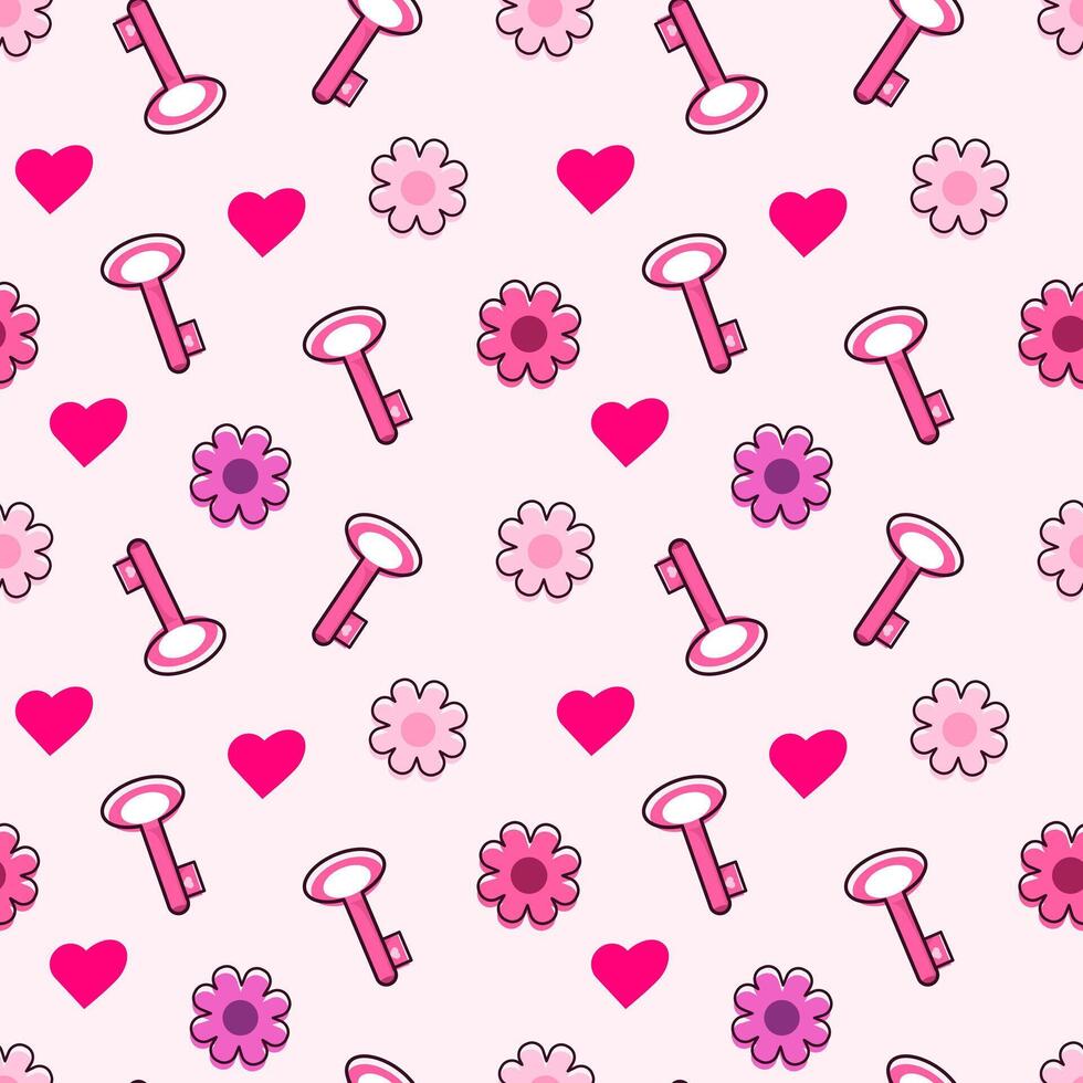 Seamless pattern pink color with  key, flower, heart.  Cute design for valentine day, baby shower, wedding, card, background, invitation, greeting card, textile, print,  wallpapers. Chilhood. vector