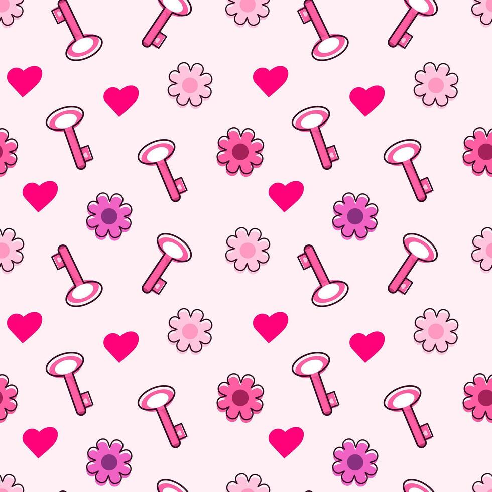 Seamless pattern pink color with  key, flower, heart.  Cute design for valentine day, baby shower, wedding, card, background, invitation, greeting card, textile, print,  wallpapers. Chilhood. vector