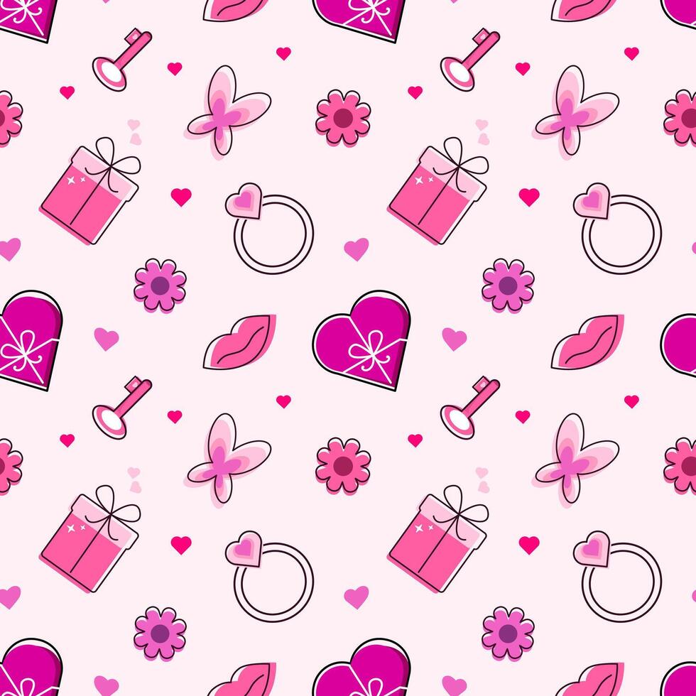Seamless pattern valentines day. Line art style on pink background. Print for card, background, invitation, greeting card, textile, wallpapers. Cute vector illustration.