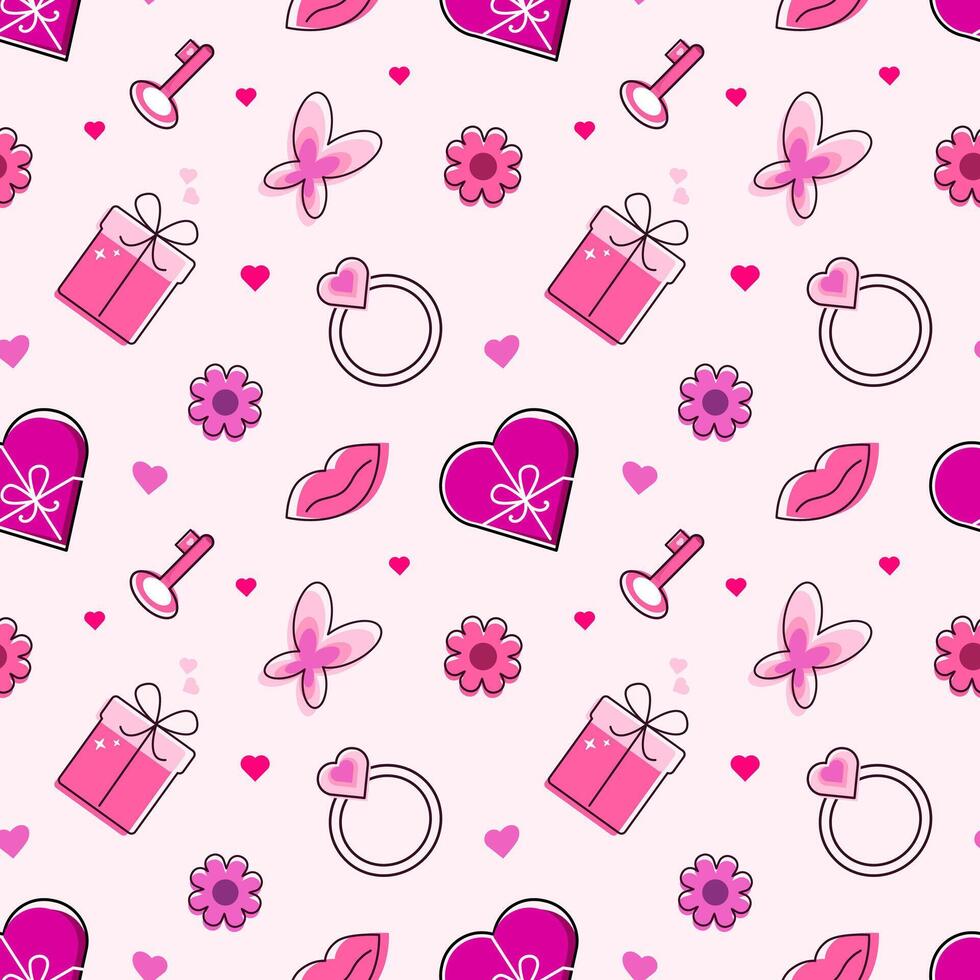 sin costura modelo san valentin día. línea Arte estilo en rosado antecedentes. impresión para tarjeta, fondo, invitación, saludo tarjeta, textil, fondos de pantalla linda vector ilustración.