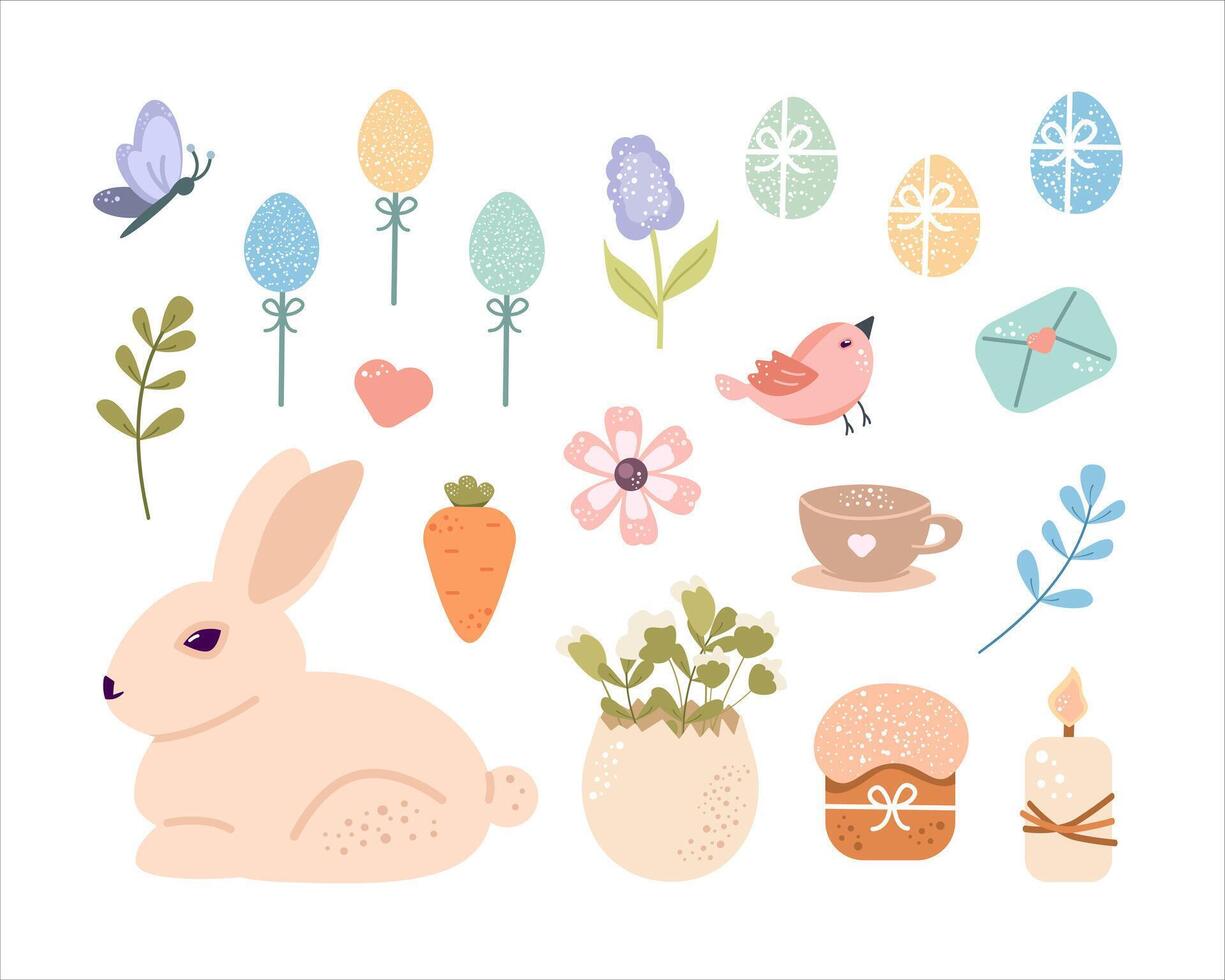 Cute set happy Easter design elements in pastel colors. vector