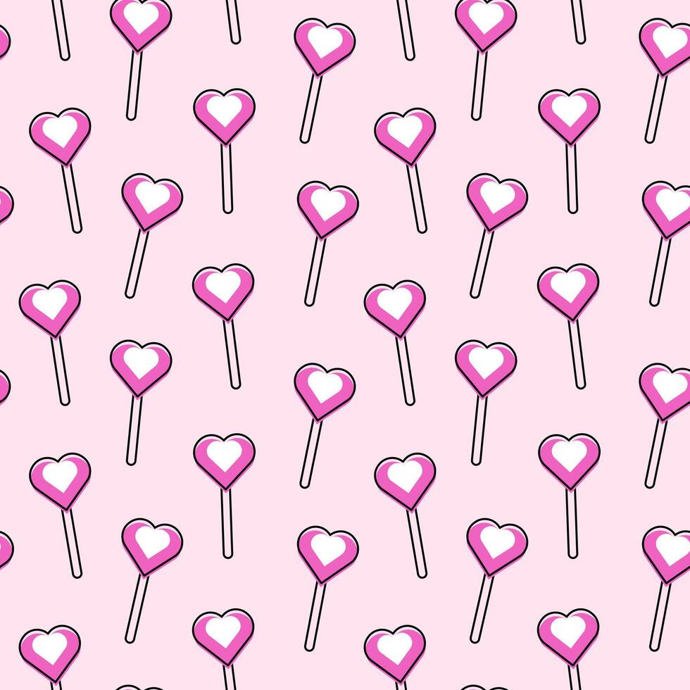 Seamless pattern lollipops heart shape. Line art style on pink background. Cute print for children's clothing, card, background, invitation, greeting card, textile, print, and wallpapers. vector