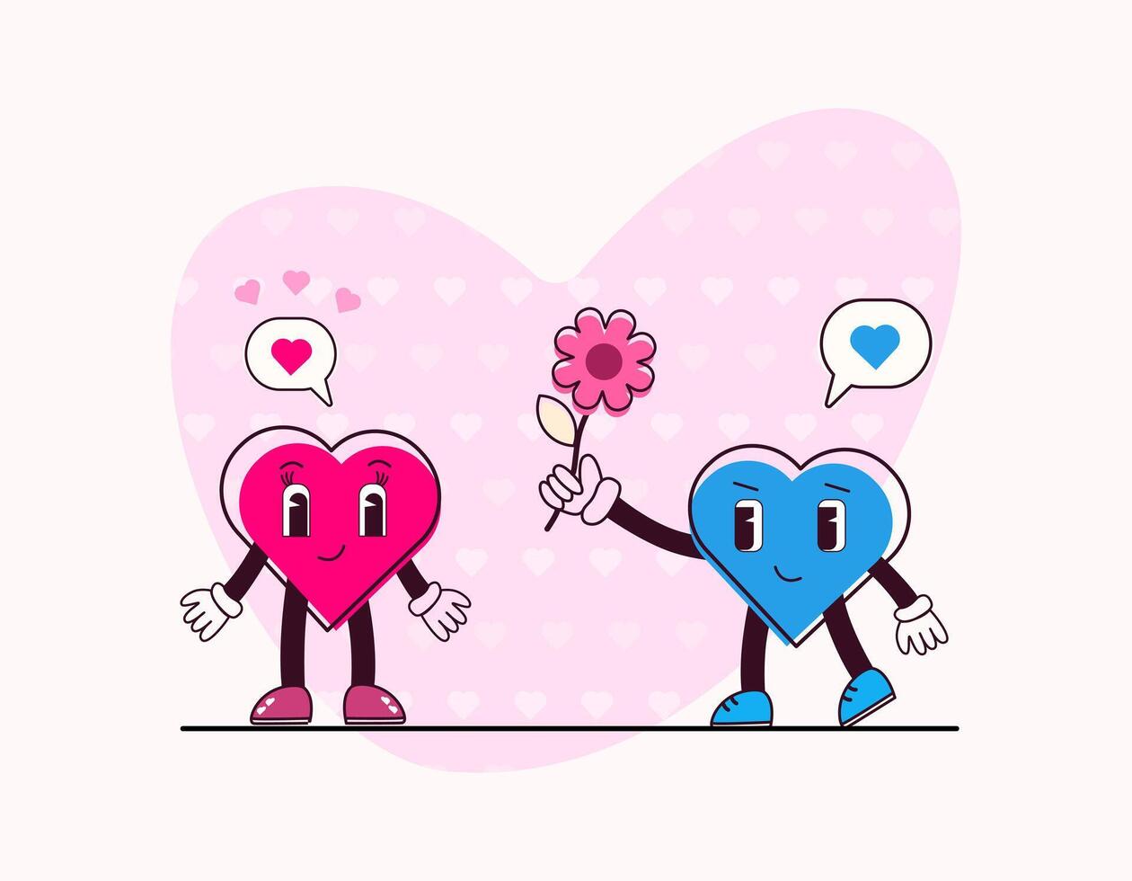 Presenting with a daisy. Retro groovy pink and blue hearts characters.   Valentines day, proposal concept. Vector illustration flat style. For greeting card, invitation,