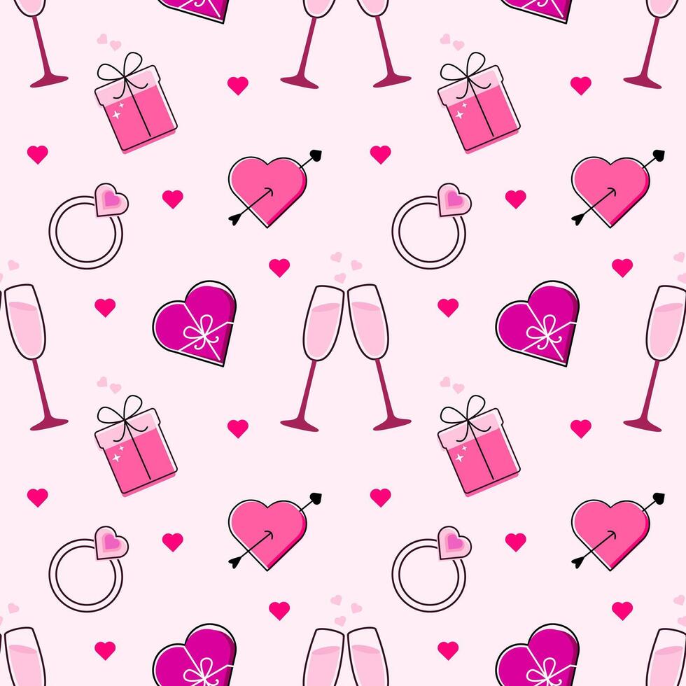 Seamless pattern valentines day. Line art style on pink background. Print for card, background, invitation, greeting card, textile, wallpapers. Ring, gift box, candy, wineglass. vector