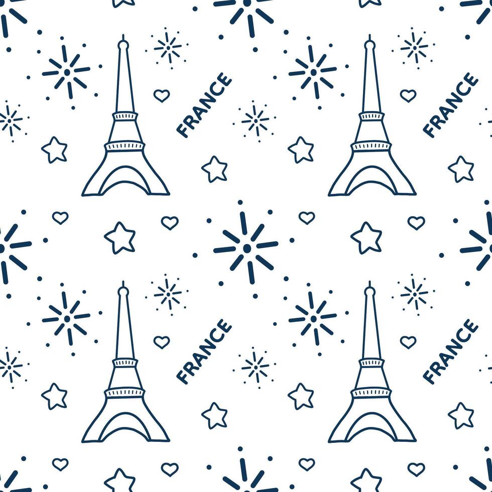 Seamless pattern of symbols Paris. Travel  doodle Line Art vector Illustration. Hand Drawn.  For  background, card, invitation, pattern, social media, application, web. Isolated on white background.
