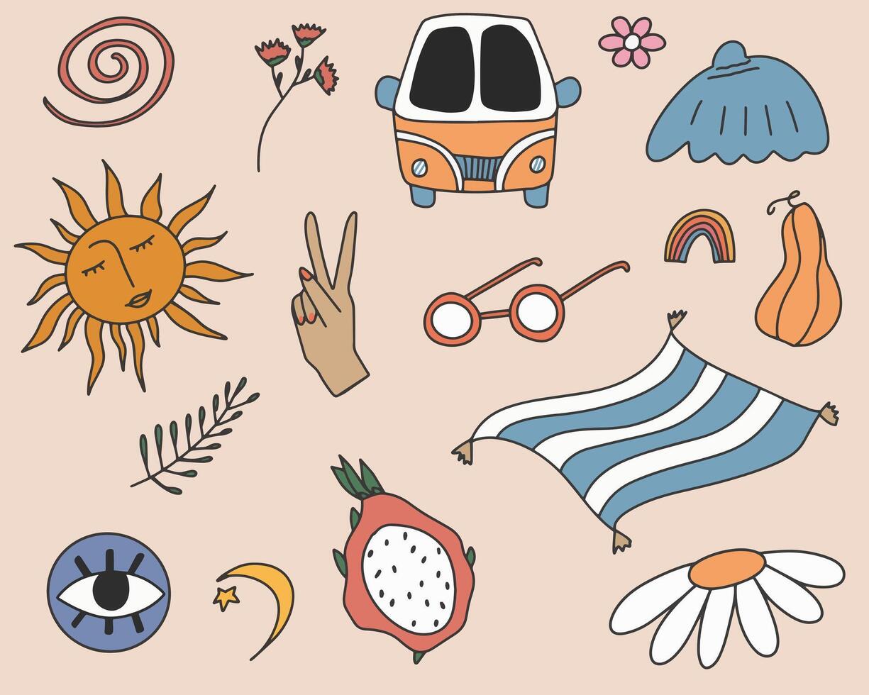 Groovy hippie 70s set. Funny cartoon Stickers pack in trendy retro cartoon style vector