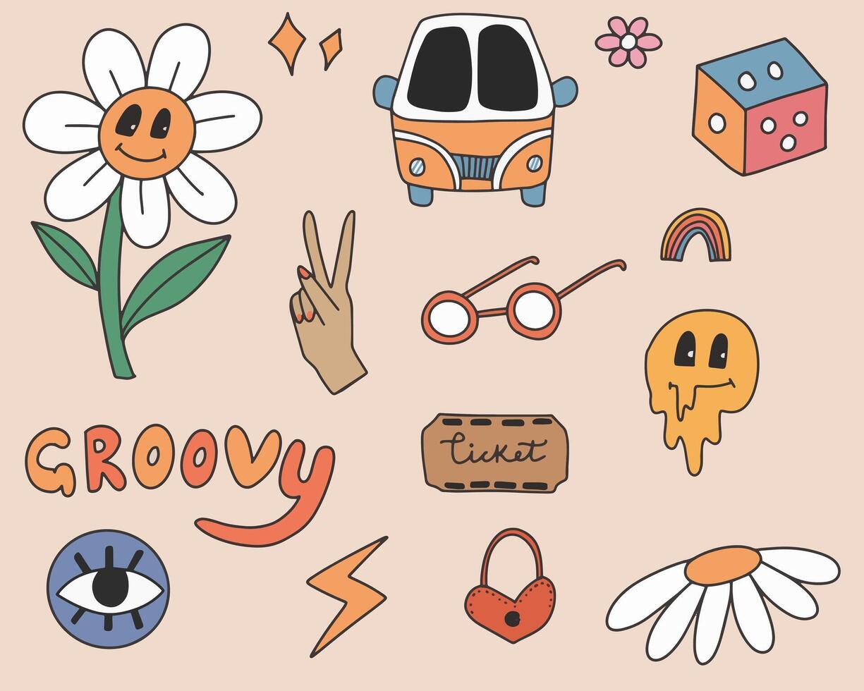 Groovy hippie 70s set. Funny cartoon Stickers pack in trendy retro cartoon style vector