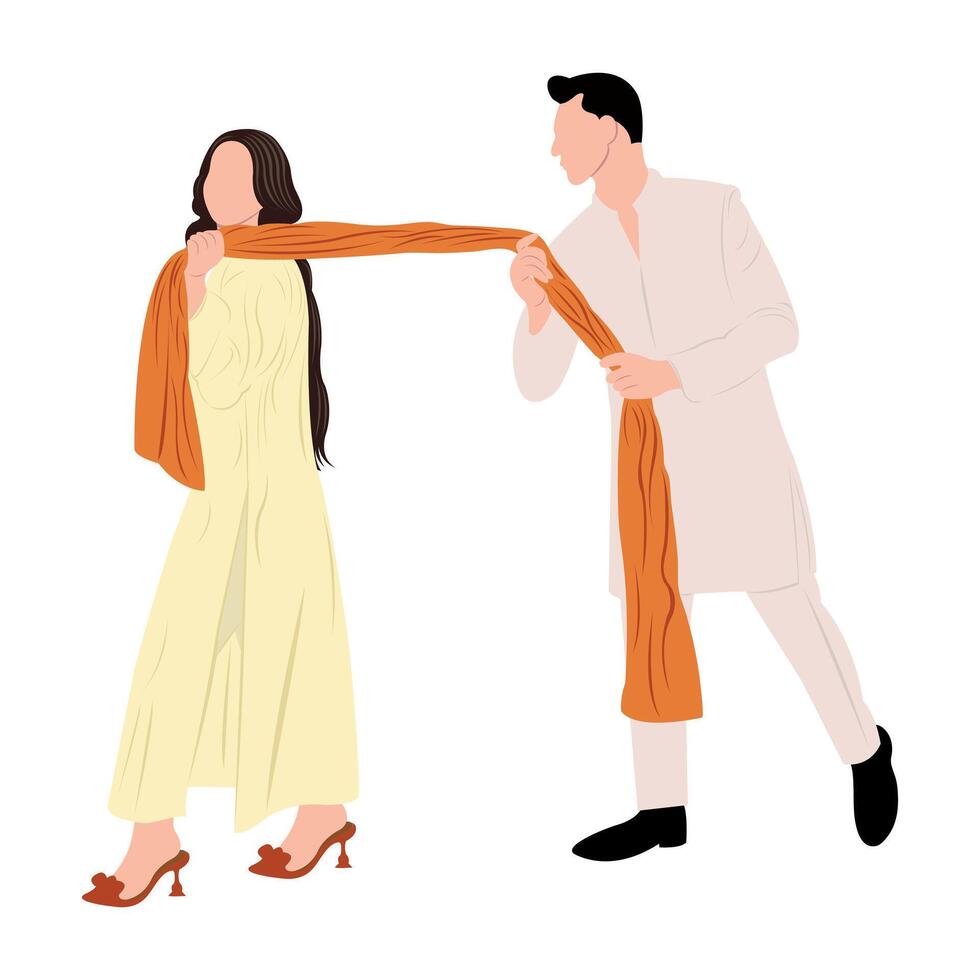 vector cute indian couple cartoon in traditional dress posing for wedding invitation card design