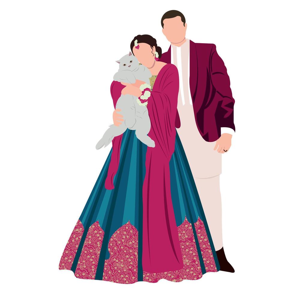 vector cute indian couple cartoon in traditional dress posing for wedding invitation card design