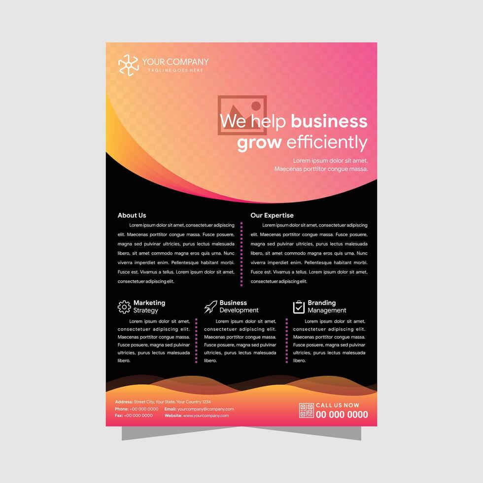 collection of abstract curve flyer design template with example of headline is we help business grow efficiently. black background and pink orange gradient on elements vector