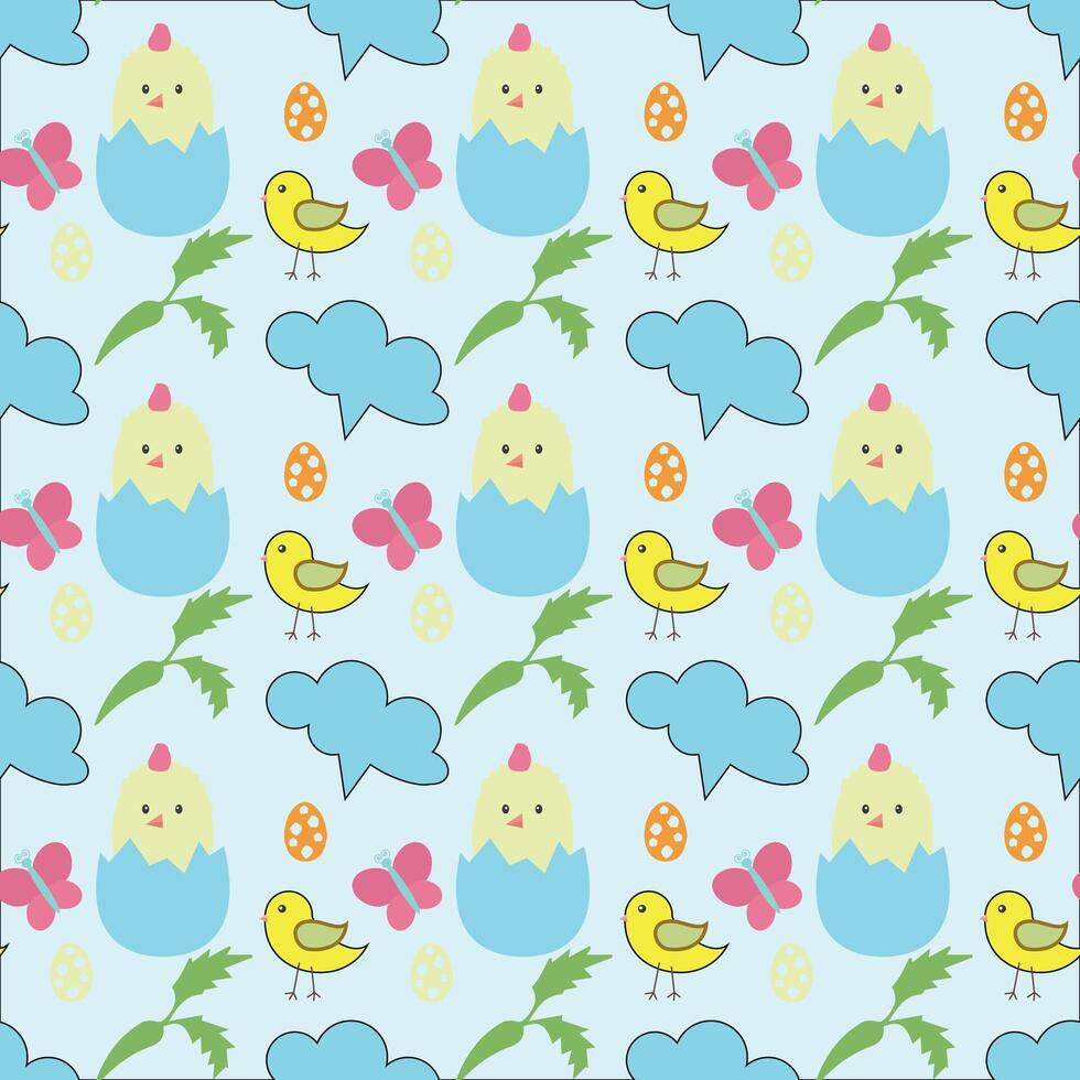 Seamless pattern of white, yellow and brown easter eggs, bunnies and chicks over blue background vector