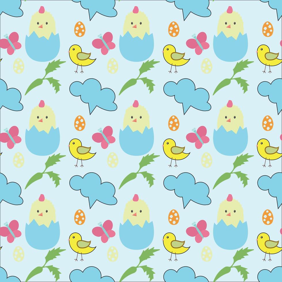 Seamless pattern of white, yellow and brown easter eggs, bunnies and chicks over blue background vector