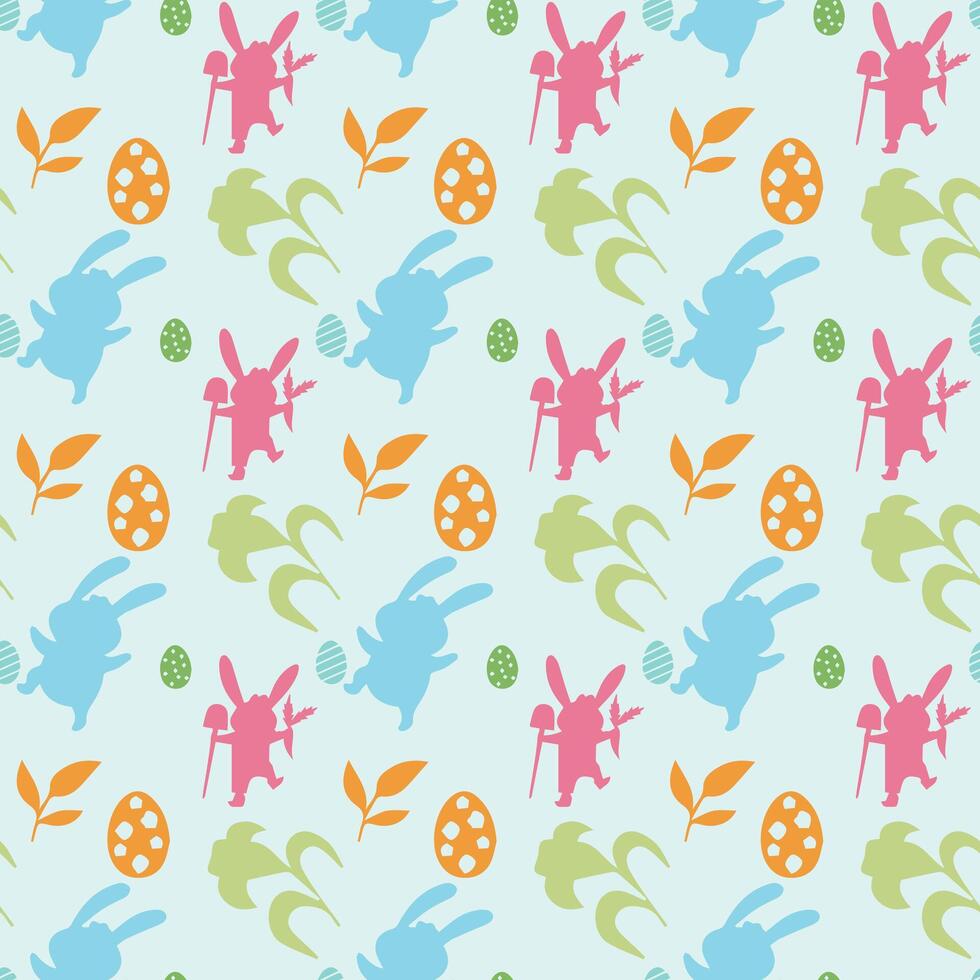 Easter seamless pattern. Colorful rabbits, flowers and leaves on a white background vector