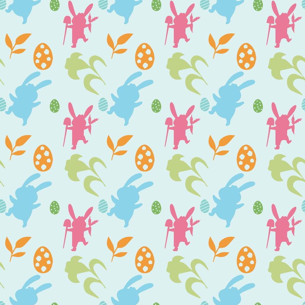 Easter seamless pattern. Colorful rabbits, flowers and leaves on a white background vector