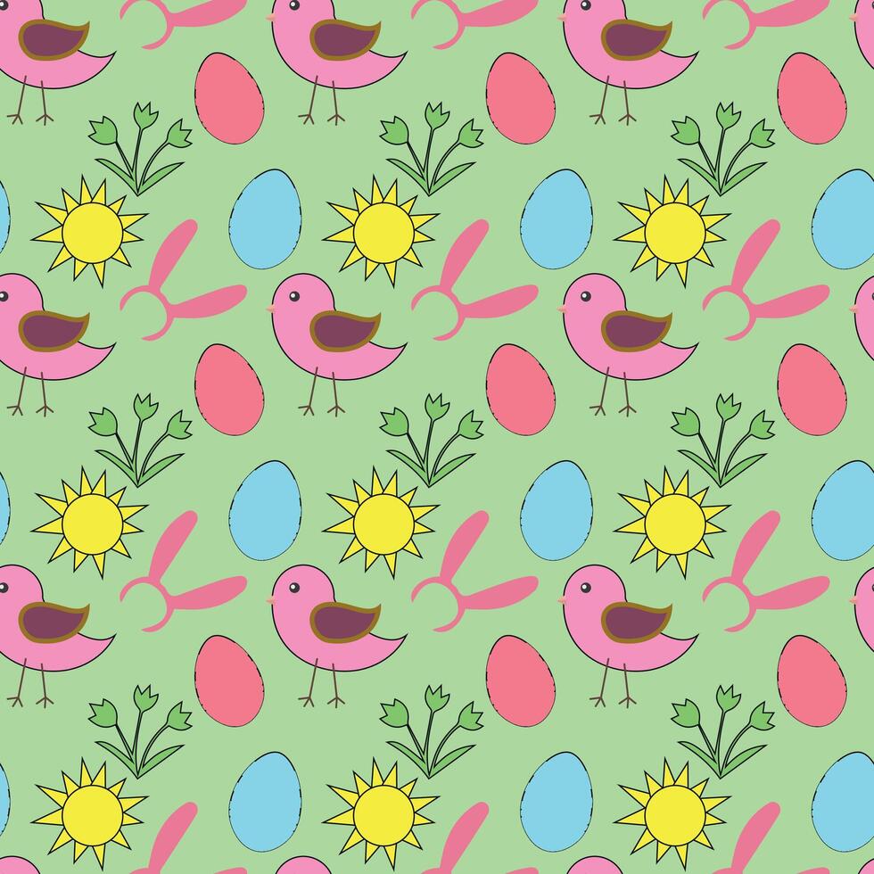 Birds with Easter eggs and nest on a light green background vector