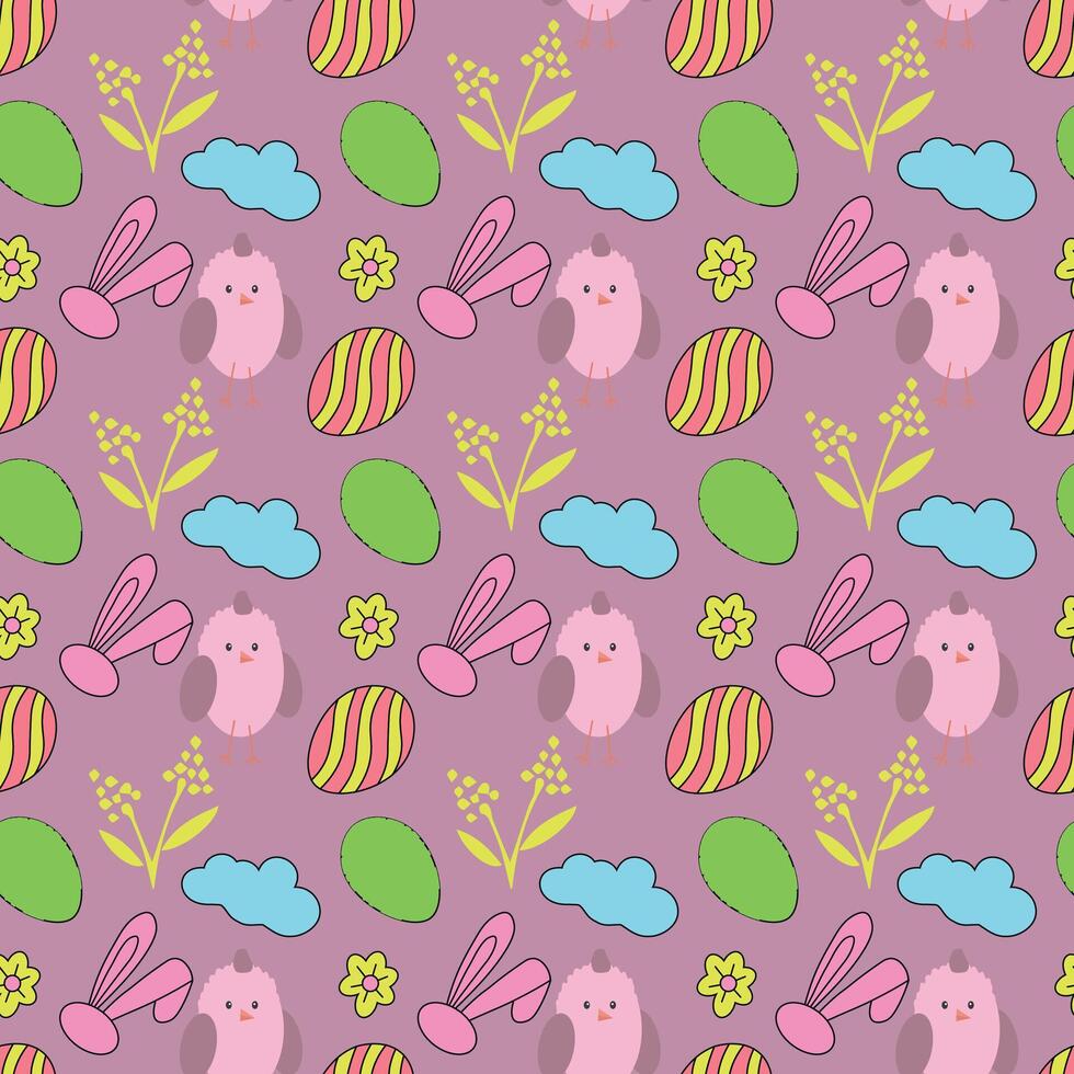 seamless pattern for Easter with hare rabbits and Easter eggs in peas. Small cute daisy flowers vector