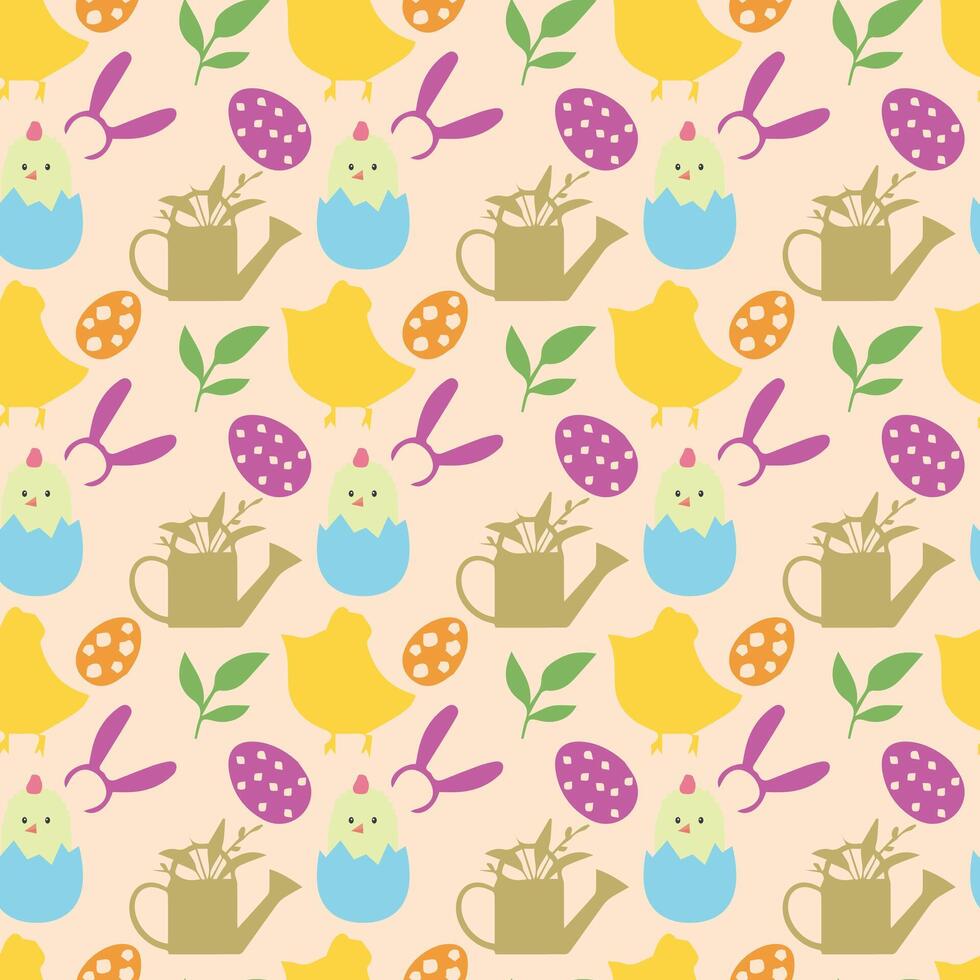 Vector seamless pattern Happy Easter. Easter Bunny, egg shell, decorated egg, flower