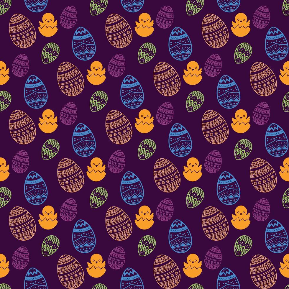 Seamless pattern with Easter Bunny looking out of an egg and decorated eggs. vector