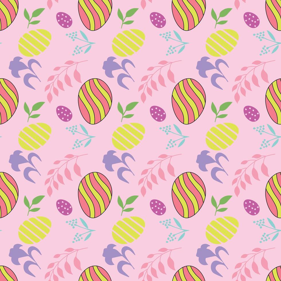 Seamless pattern with handdrawn easter eggs, flowers, leaves and other elements on pink background vector