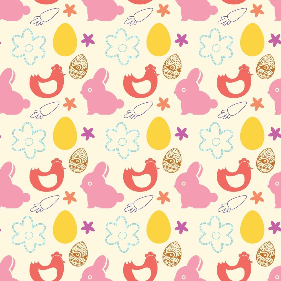 Easter seamless pattern with rabbits, chicken and eggs vector