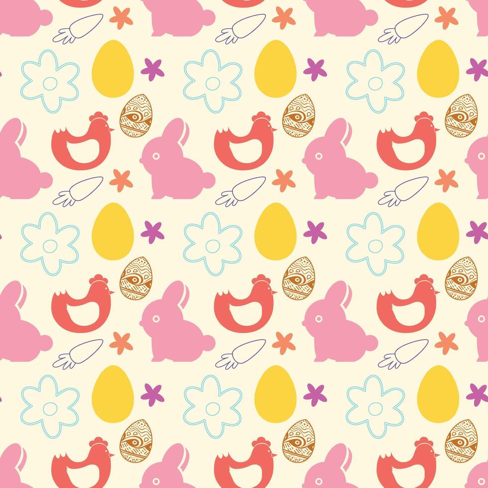 Easter seamless pattern with rabbits, chicken and eggs vector