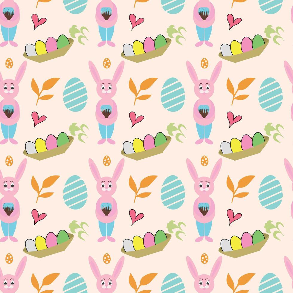 Easter seamless pattern with bunny, eggs, cake and willow branches, vector illustration on white background. Easter cake, bunny, decorated eggs and willow branches - seamless pattern