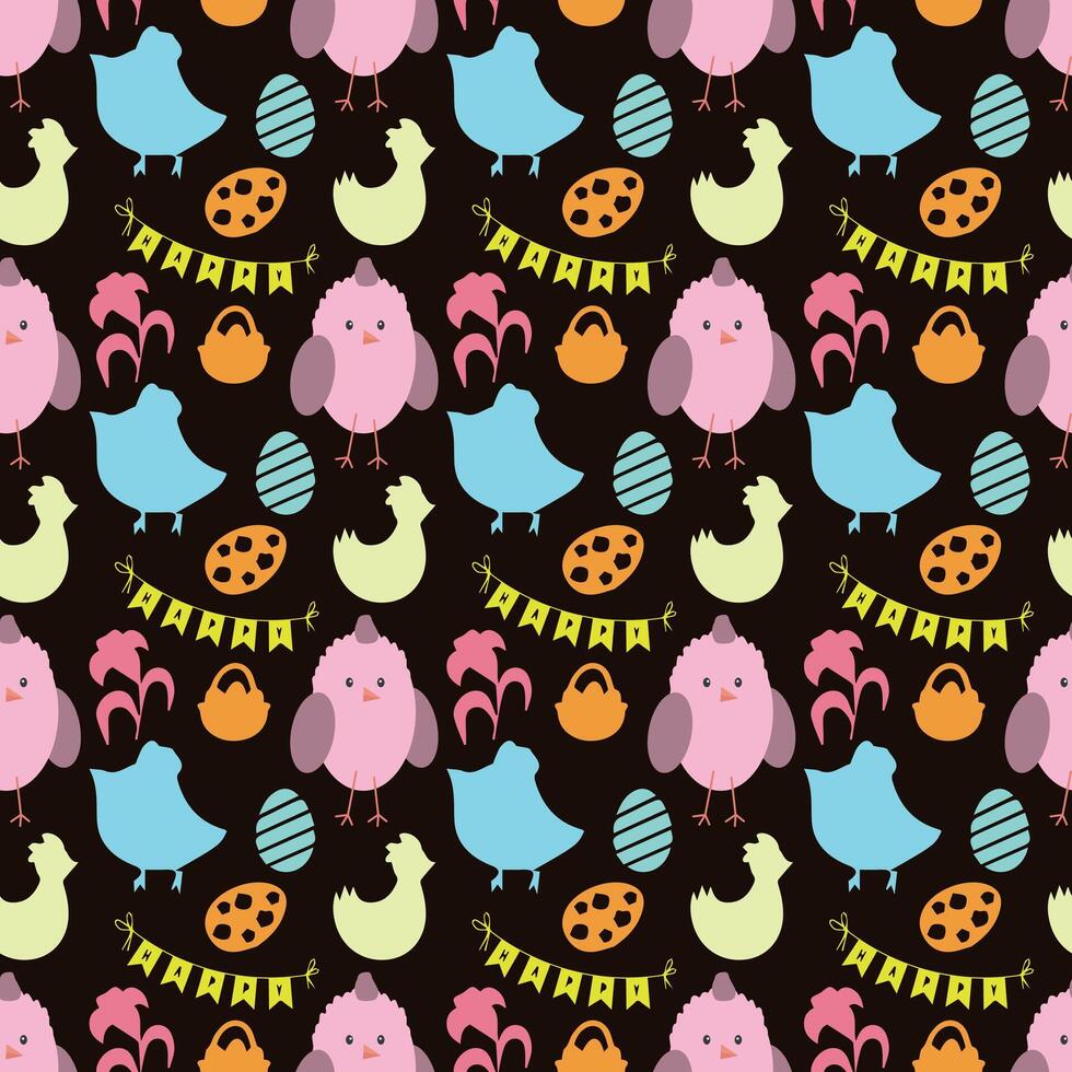 Seamless pattern of eggs, flowers, cakes, hare, hen, chicken vector