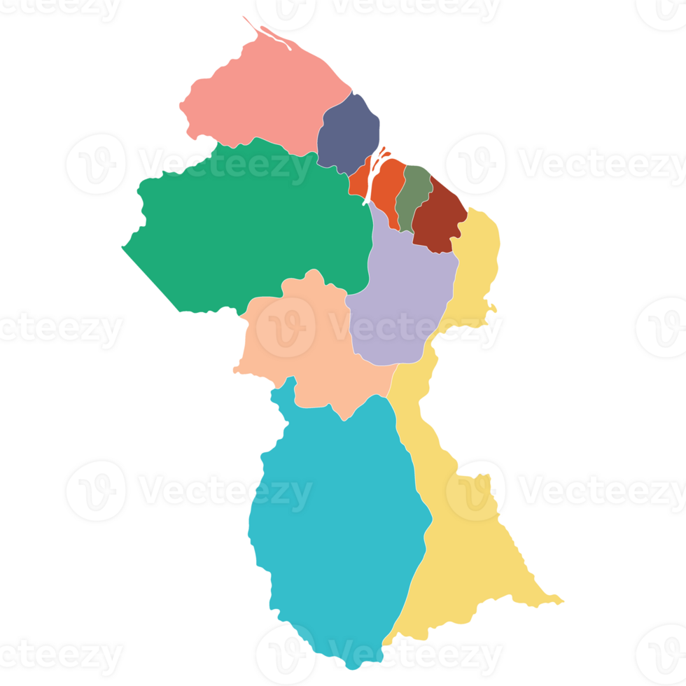 Guyana map. Map of Guyana in administrative provinces in multicolor png
