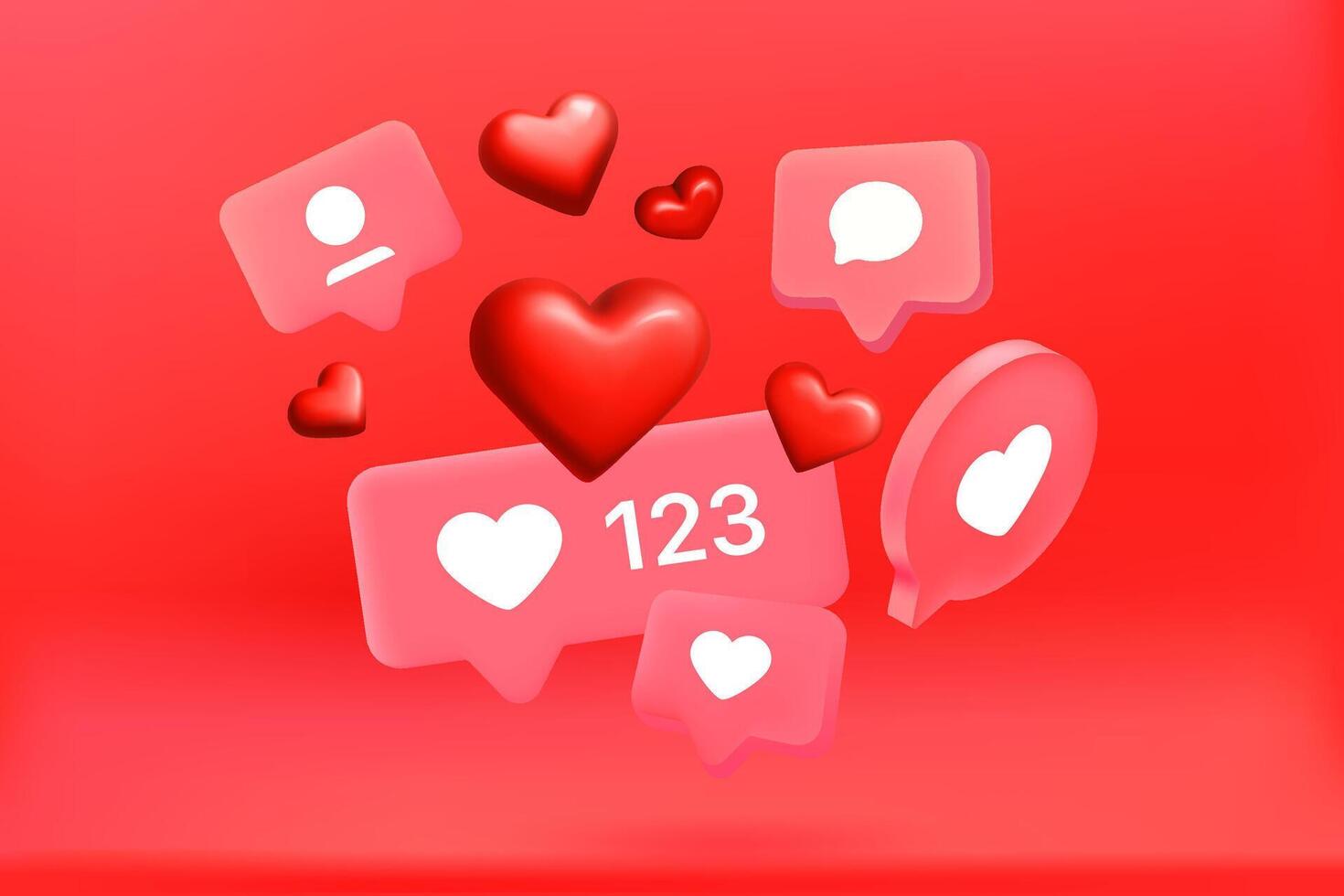 Social media notification bubbles and hearts on red background. 3d vector concept